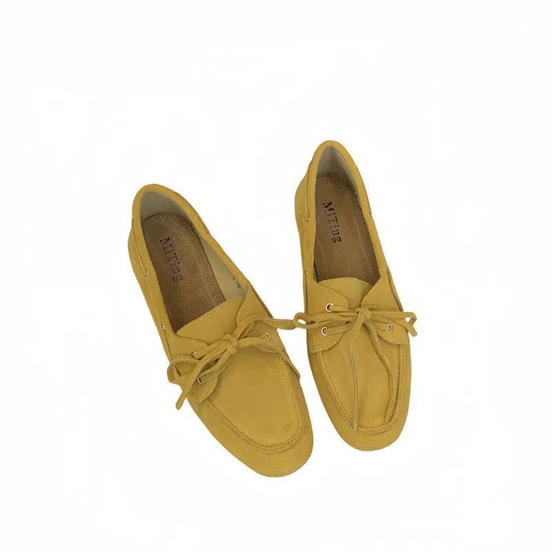 Solid colour retro round head low heel pump shoes for women, thick heel, shallow mouth, available in brown, green, khaki, yellow