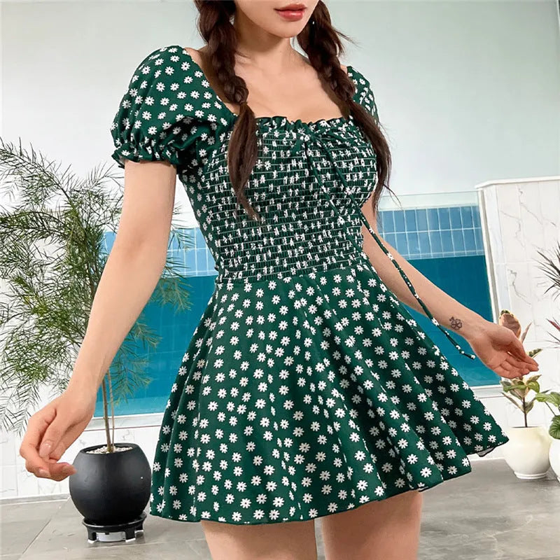 Floral one-piece skirt-style swimsuit for women short sleeves nylon fabric green colour