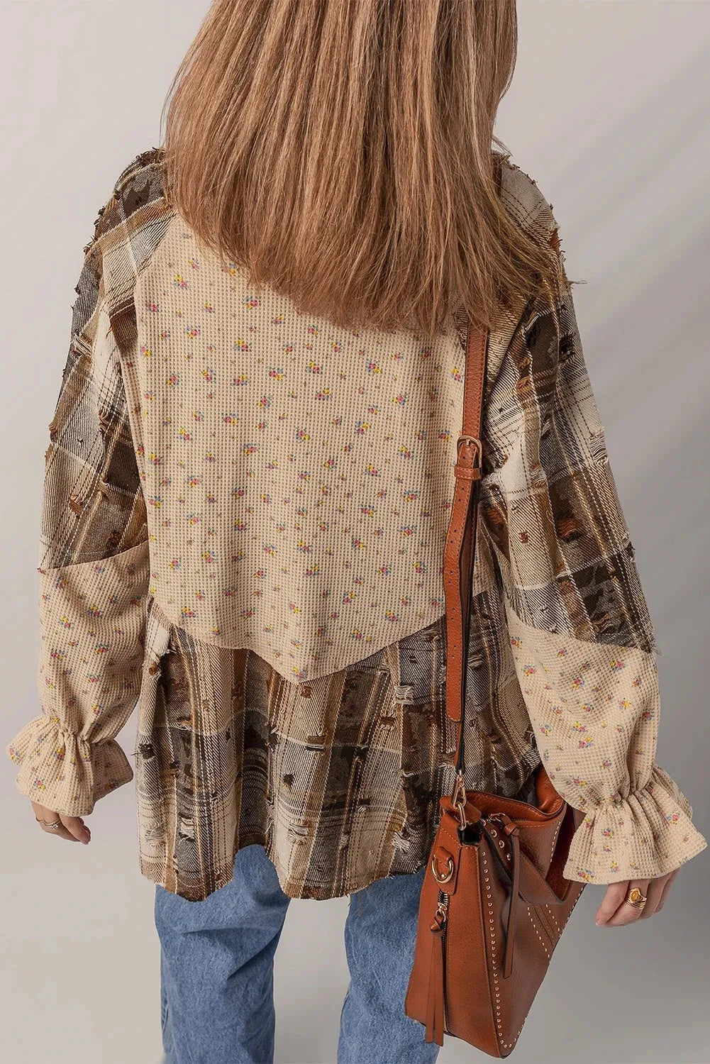 Women's loose fit plaid shirt with ruffle sleeves and distressed detail in oatmeal colour