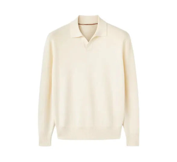 Pure wool lapel-collar polo sweater in a loose fit, shown in milky white.