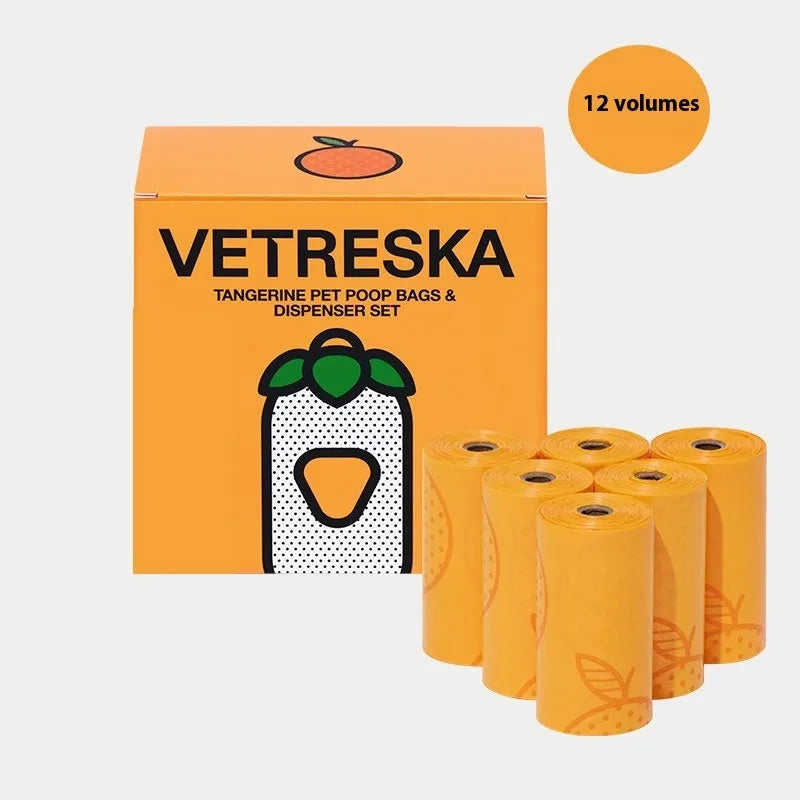 Portable plastic dog poop bag dispenser capsule with a roll of scented inner bags for waste management.
