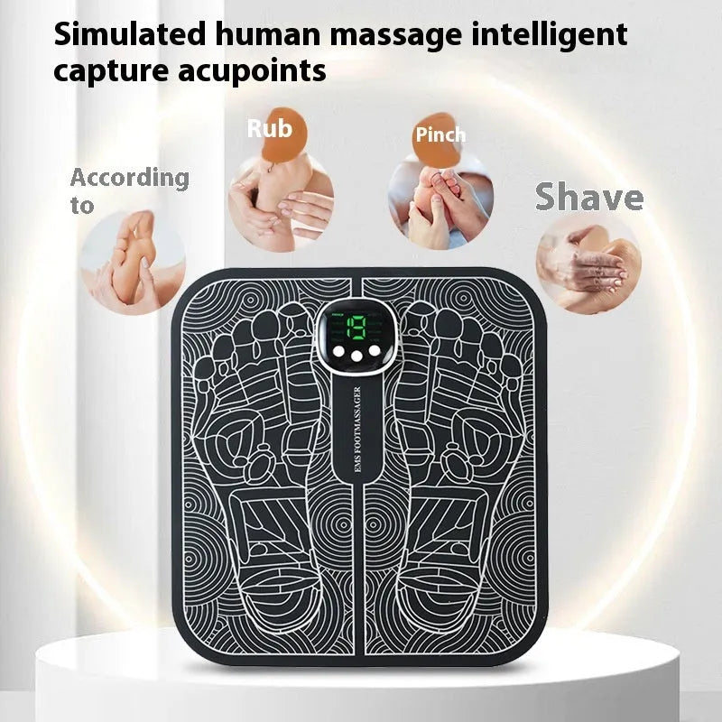 Blue rechargeable foot massager mat with remote control on a wooden floor.