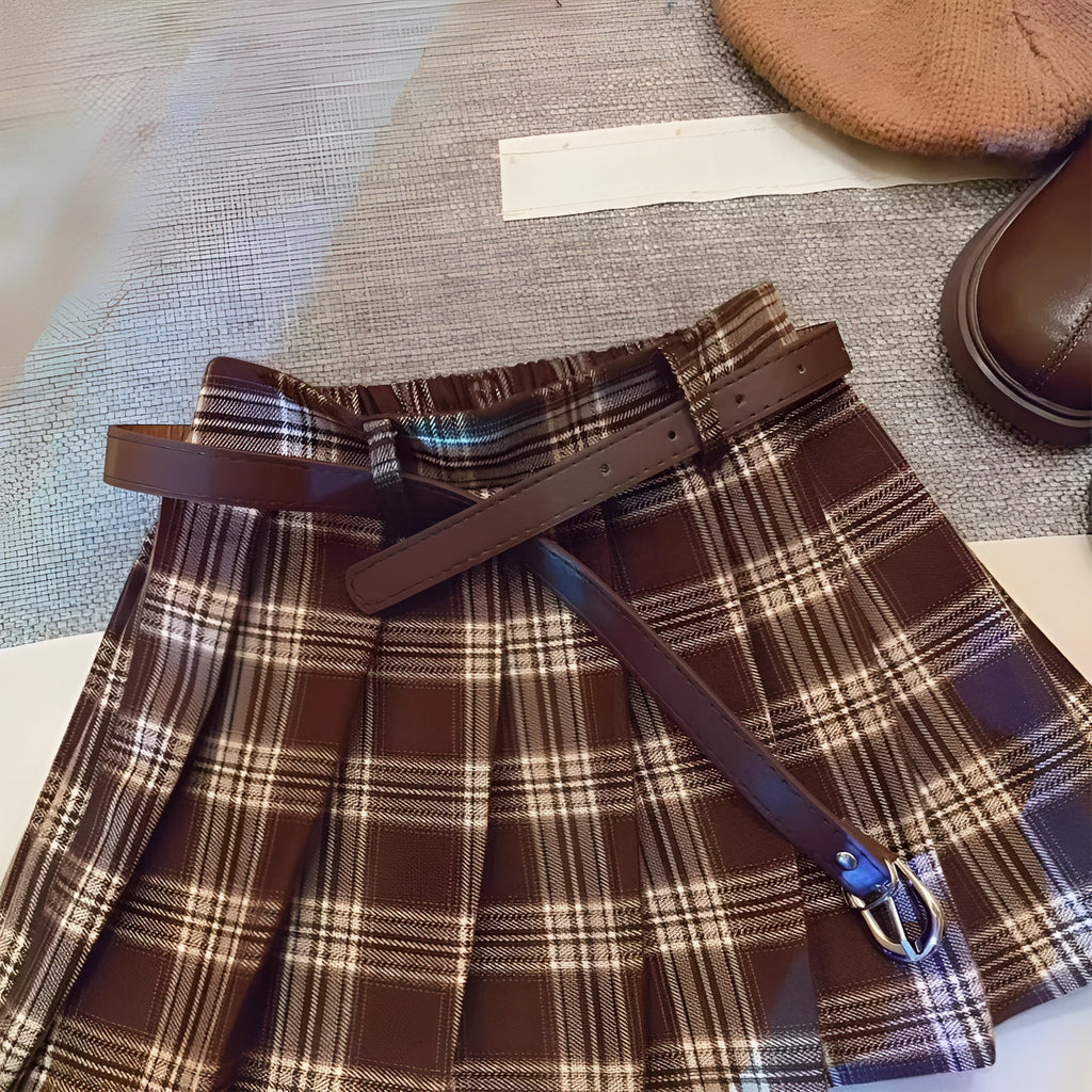 Children's plaid pleated skirt in cotton blend fabric with A-line silhouette available in multiple height options