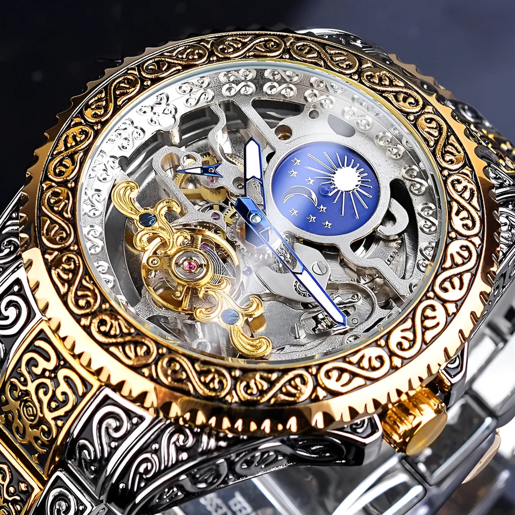 Forsining yellow skeleton tourbillon mechanical watch with stainless steel band and visible movement
