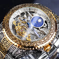 Forsining yellow skeleton tourbillon mechanical watch with stainless steel band and visible movement