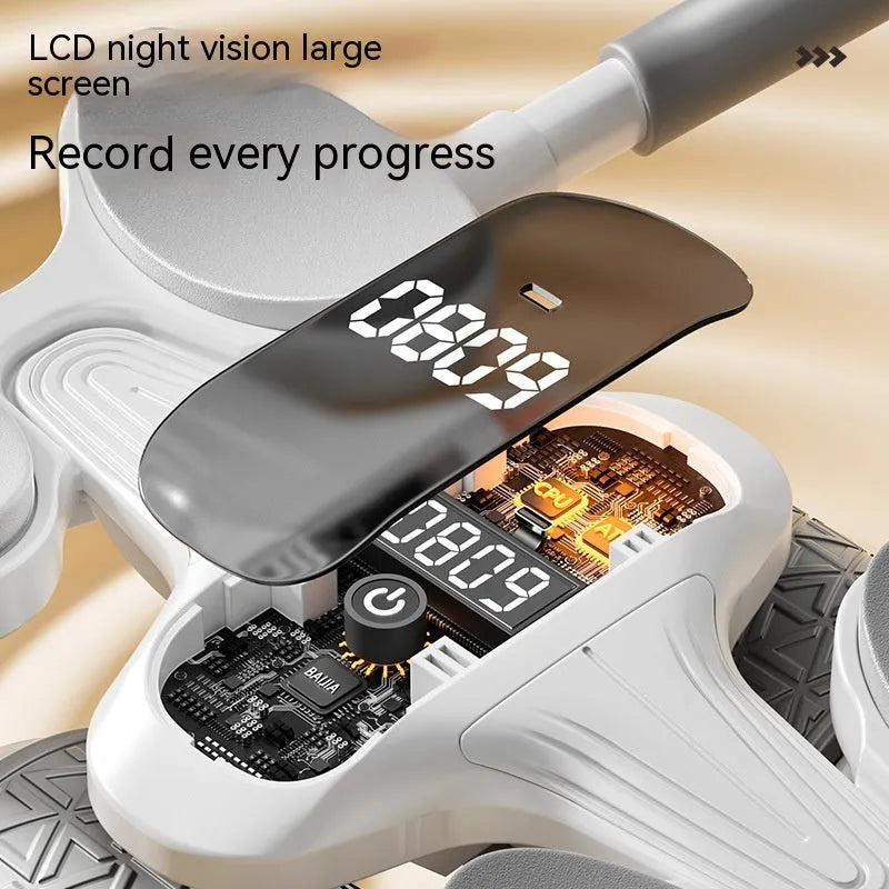 White digital abdominal roller with LED screen for timing and calorie counting