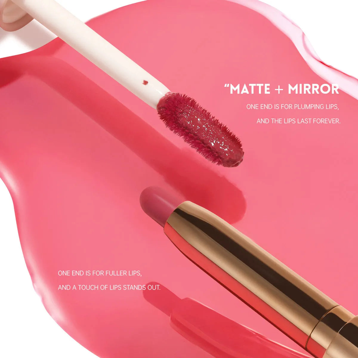 Double-headed lipstick and lip gloss set showing ten colour options with matte finish