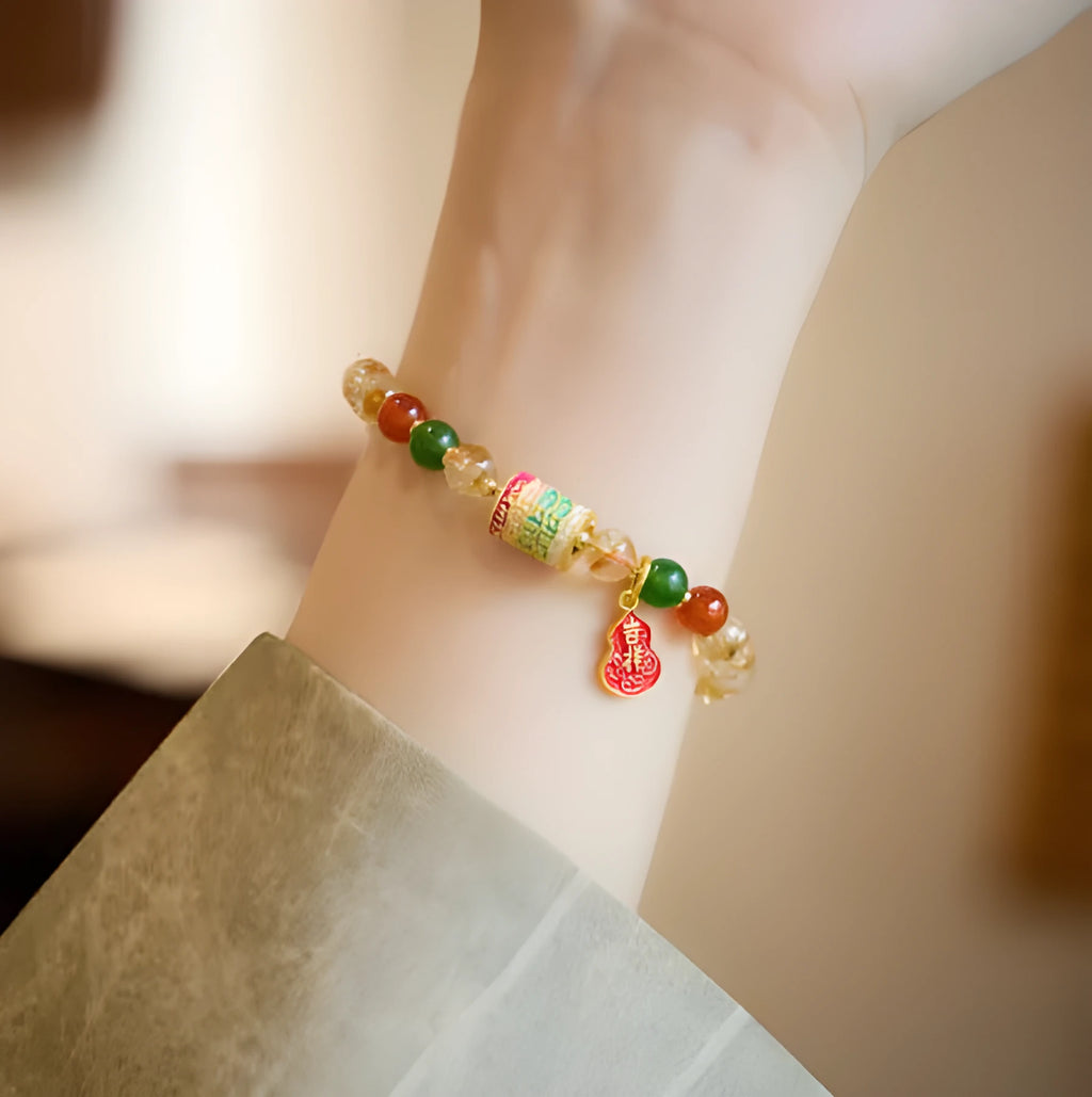 Hand-woven citrine five sutra bracelet with 6mm crystal stones in geometric Buddhist design