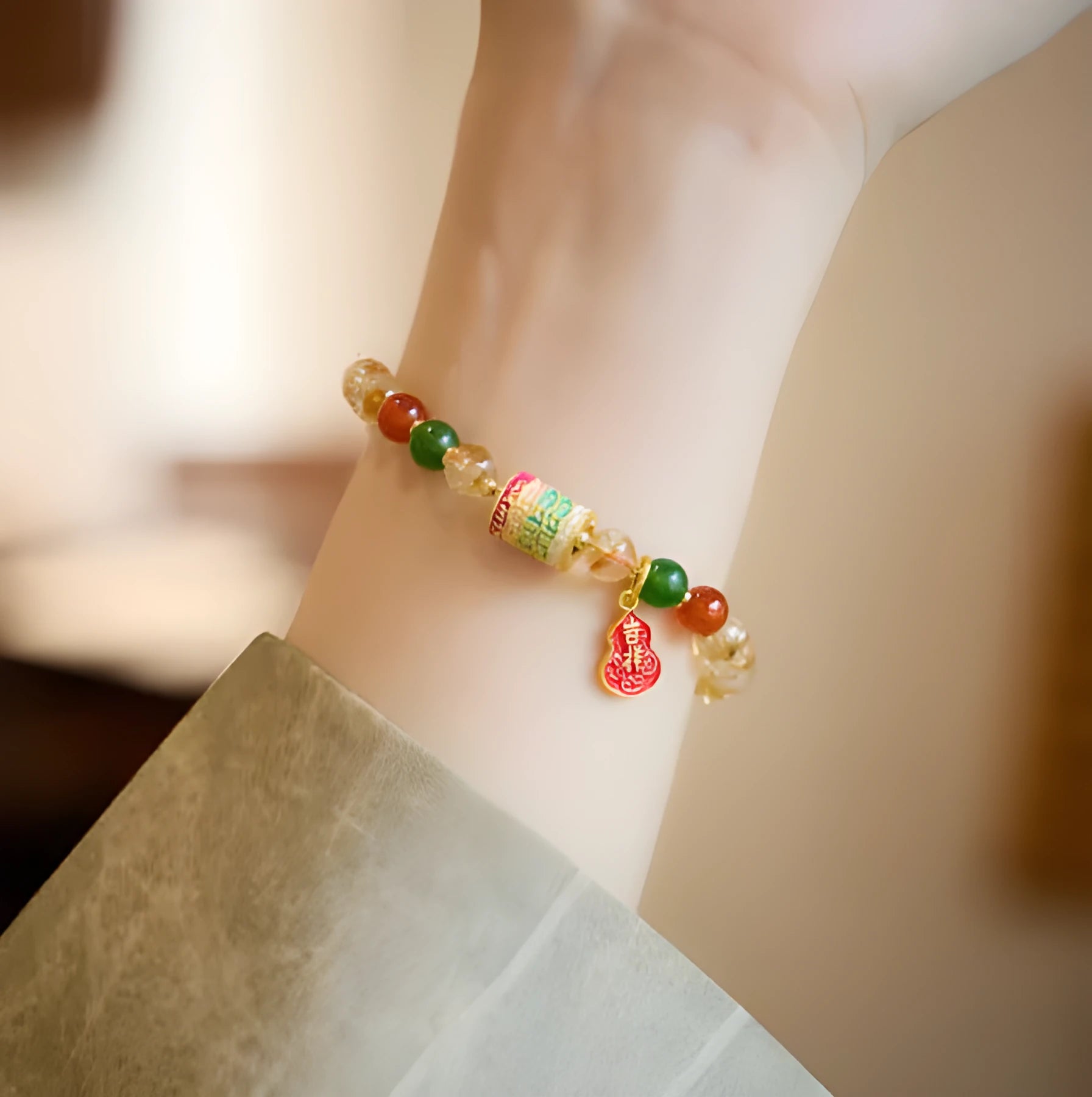 Hand-woven citrine five sutra bracelet with 6mm crystal stones in geometric Buddhist design