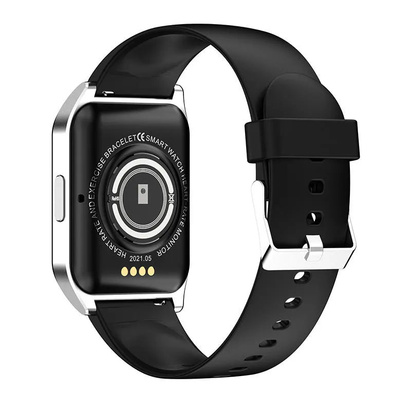 Black smart watch with 1.69 inch screen showing heart rate display on silicone wrist strap