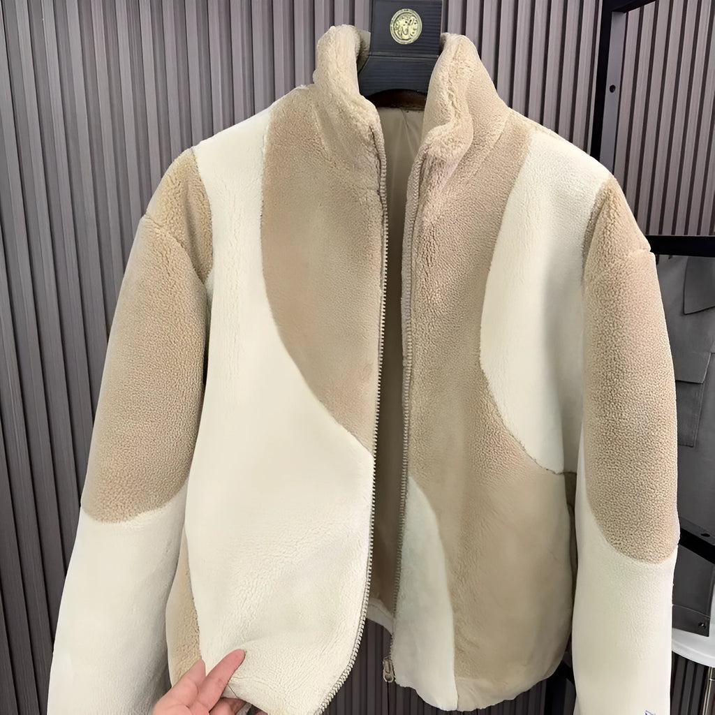 Men's khaki contrast collar standing coat polyester autumn winter front view
