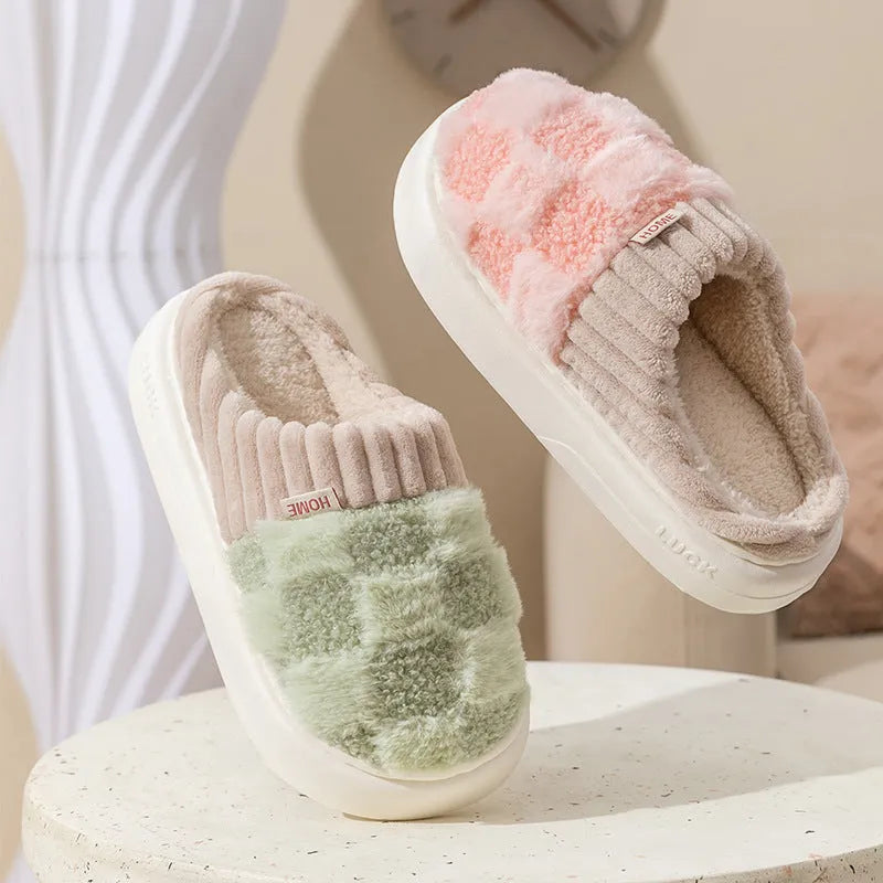 Plaid pattern women's plush indoor slippers with anti-slip soles in multiple colour options