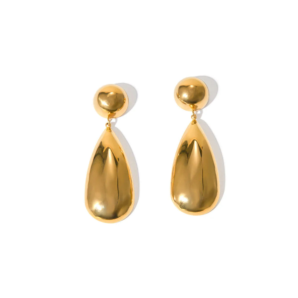 Gold electroplated stainless steel earrings with geometric hemisphere and water droplet pendant design