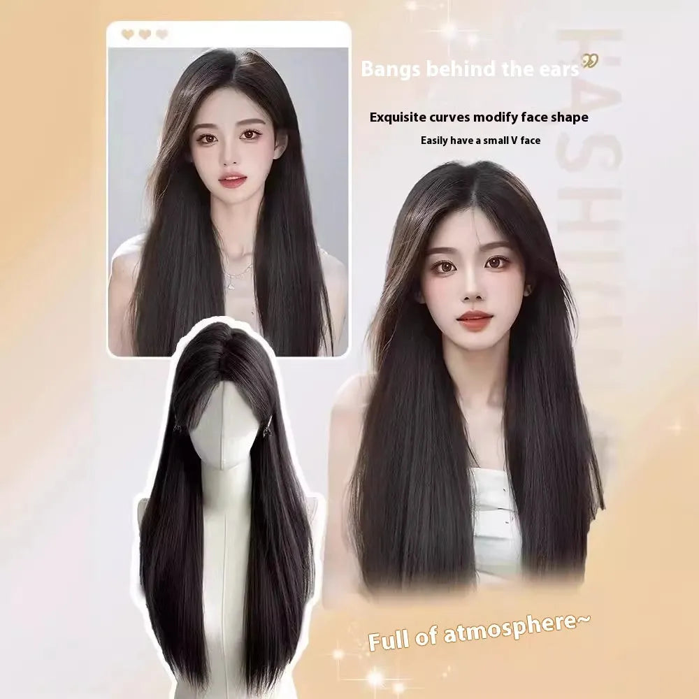 Long straight black synthetic wig with side bangs and forehead lace on a wig stand.