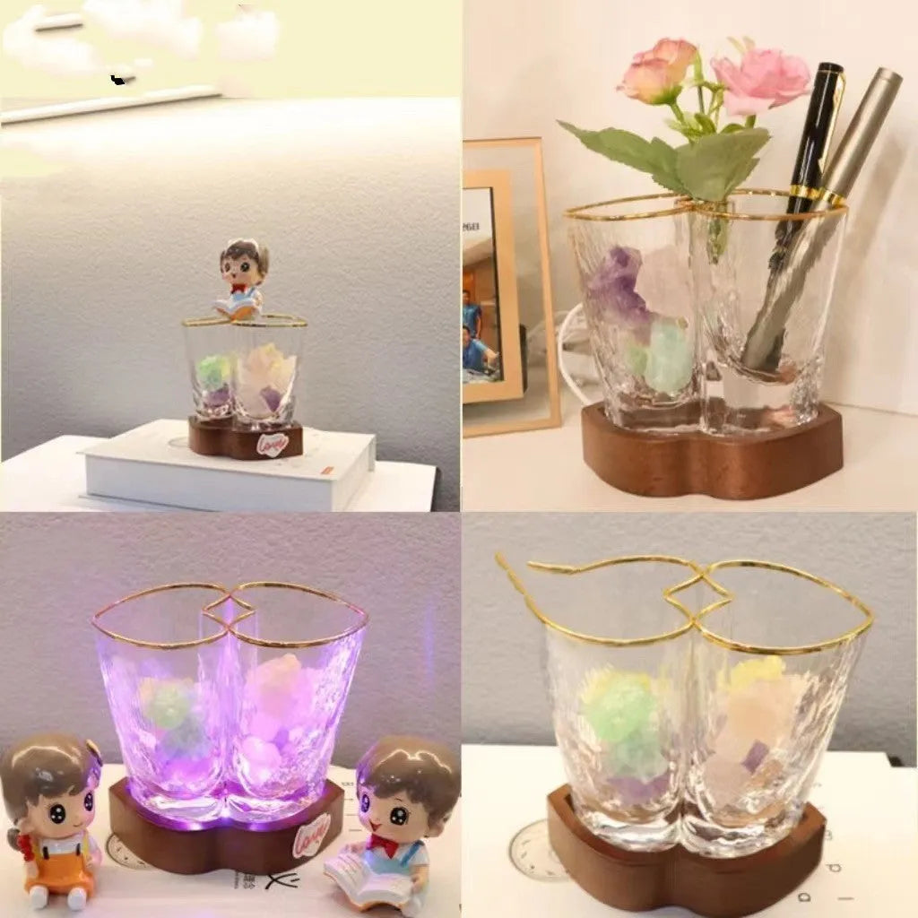 Heart-to-heart aromatherapy small night lamp with crystal glass shade and beech wood base, 11.5 cm tall, transparent colour, USB powered