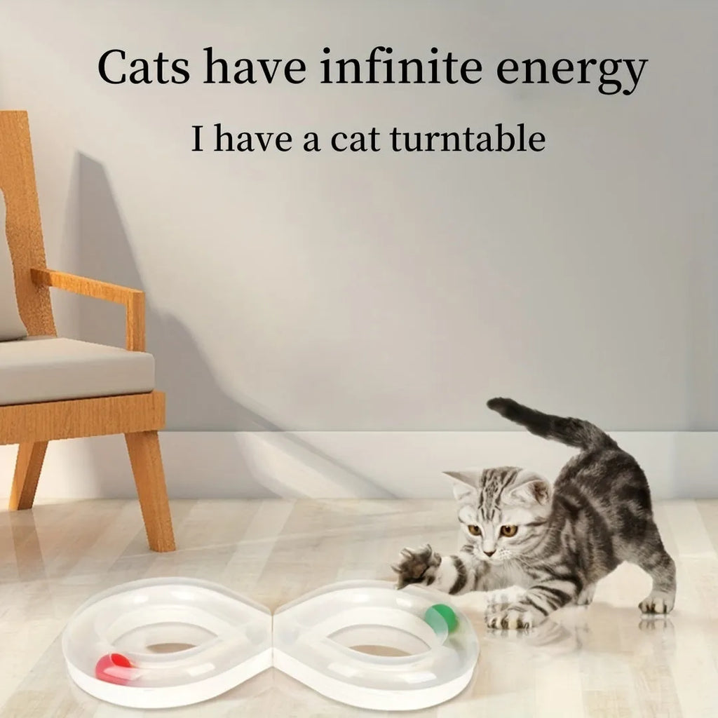 Blue and white interactive cat toy turntable with ball track and teasing stick on floor