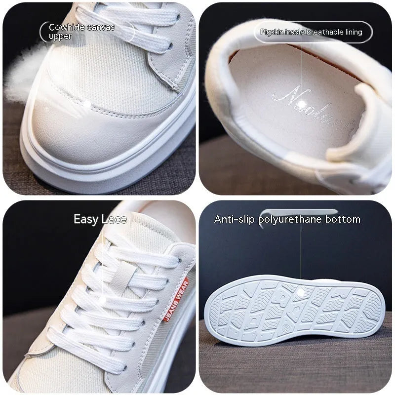 Women's beige leather board shoes with a thick sole, shown from a side angle on a neutral background.