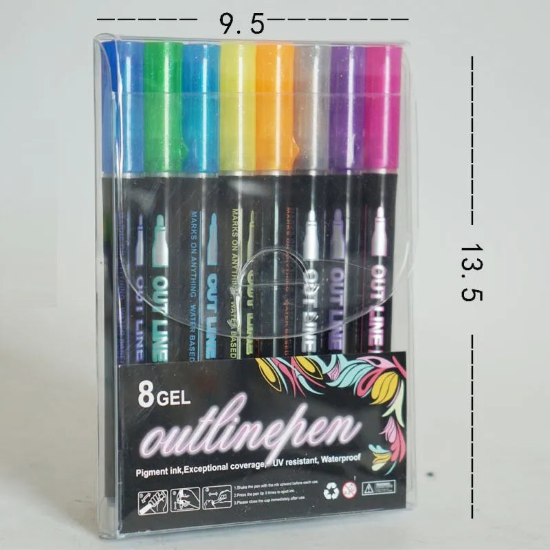 Set of 12 double line outline pens in various colours, each 13cm long.