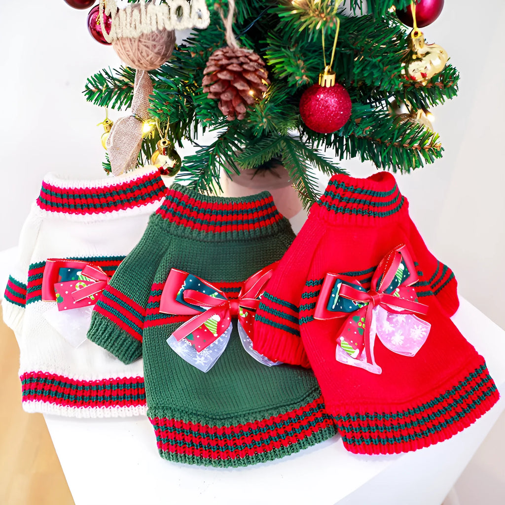 Dog wearing red Christmas jumper with weight-based sizing guide for festive pet clothing