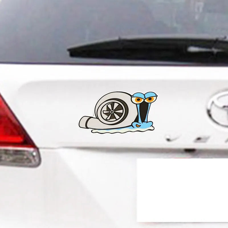 White reflective cartoon snail car sticker measuring 12 by 8 centimetres