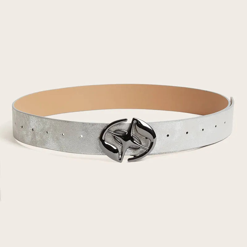 Women's thick retro belt with oval alloy buckle in PU leather showing earth style design