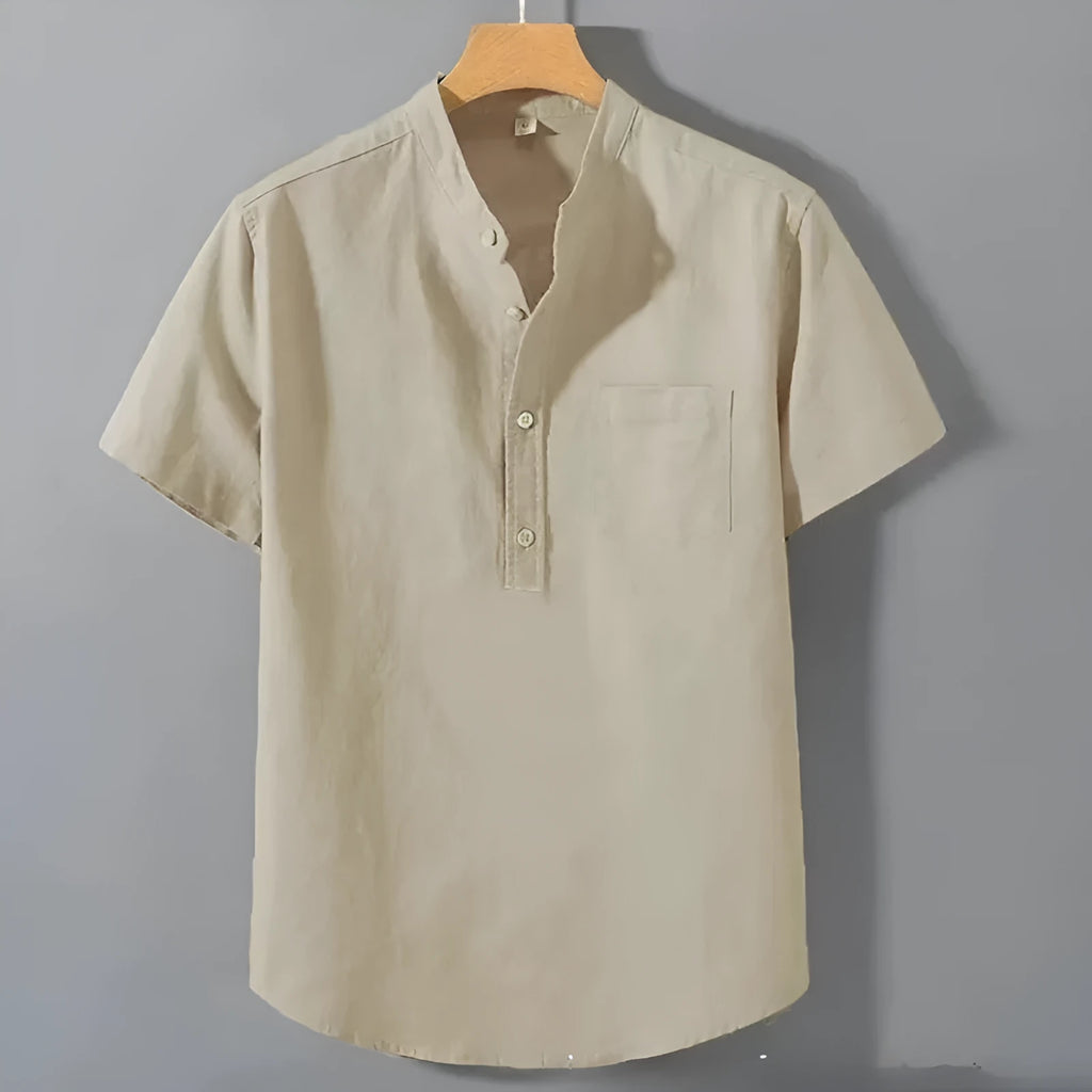 Men's casual stand collar short sleeve slub linen shirt in loose fit