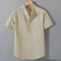 Men's casual stand collar short sleeve slub linen shirt in loose fit