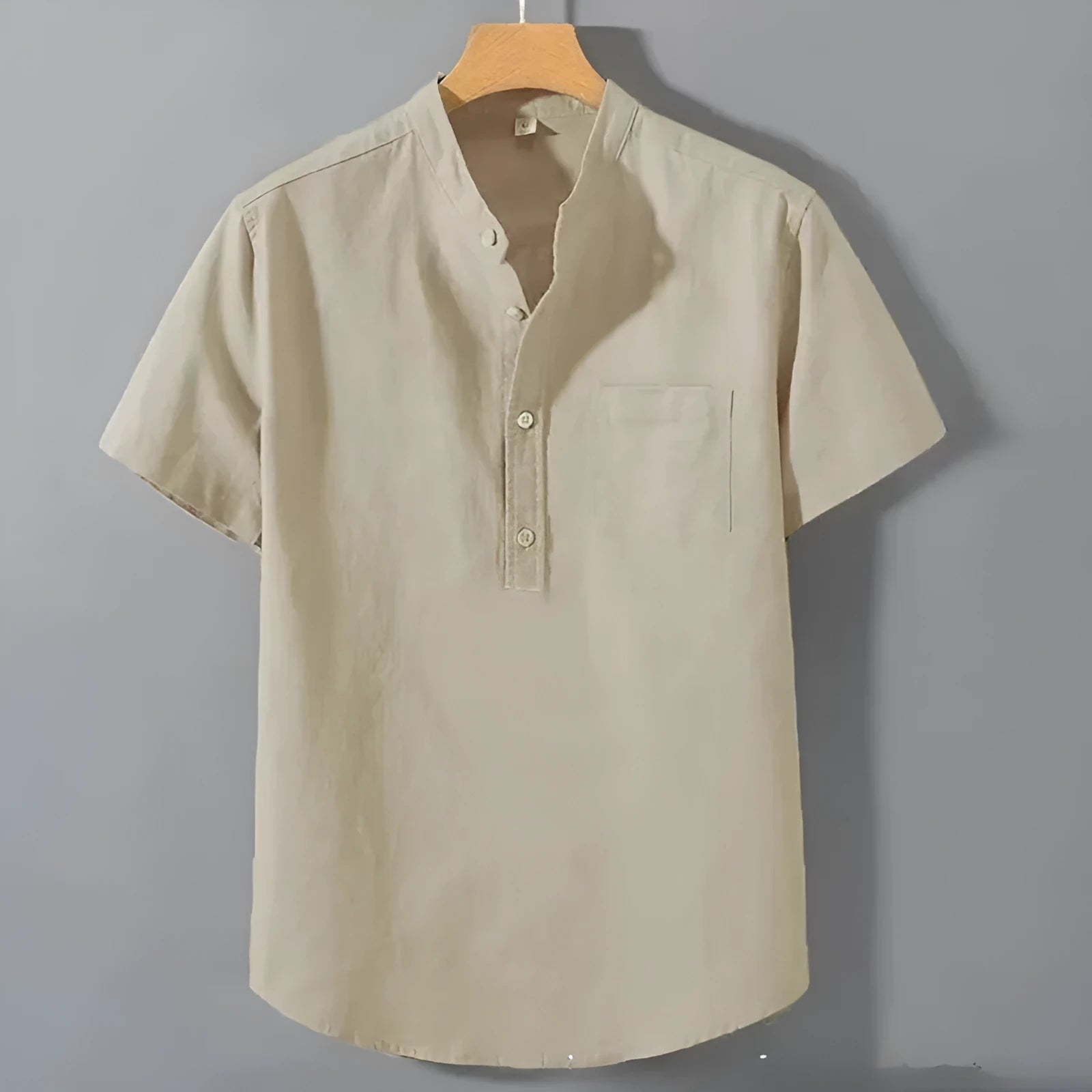 Men's casual stand collar short sleeve slub linen shirt in loose fit