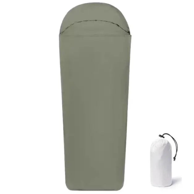 Blue and green nylon mummy camping sleeping bag with plaid lining and compact folded dimensions