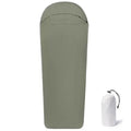 Blue and green nylon mummy camping sleeping bag with plaid lining and compact folded dimensions