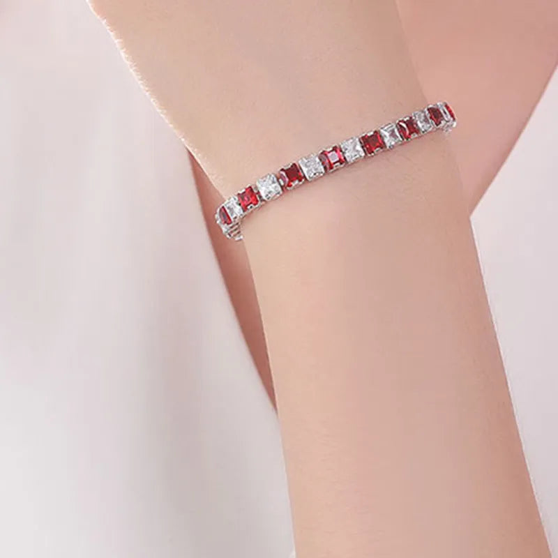 Geometric square diamond zircon bracelet with electroplated platinum finish in multiple colour options.
