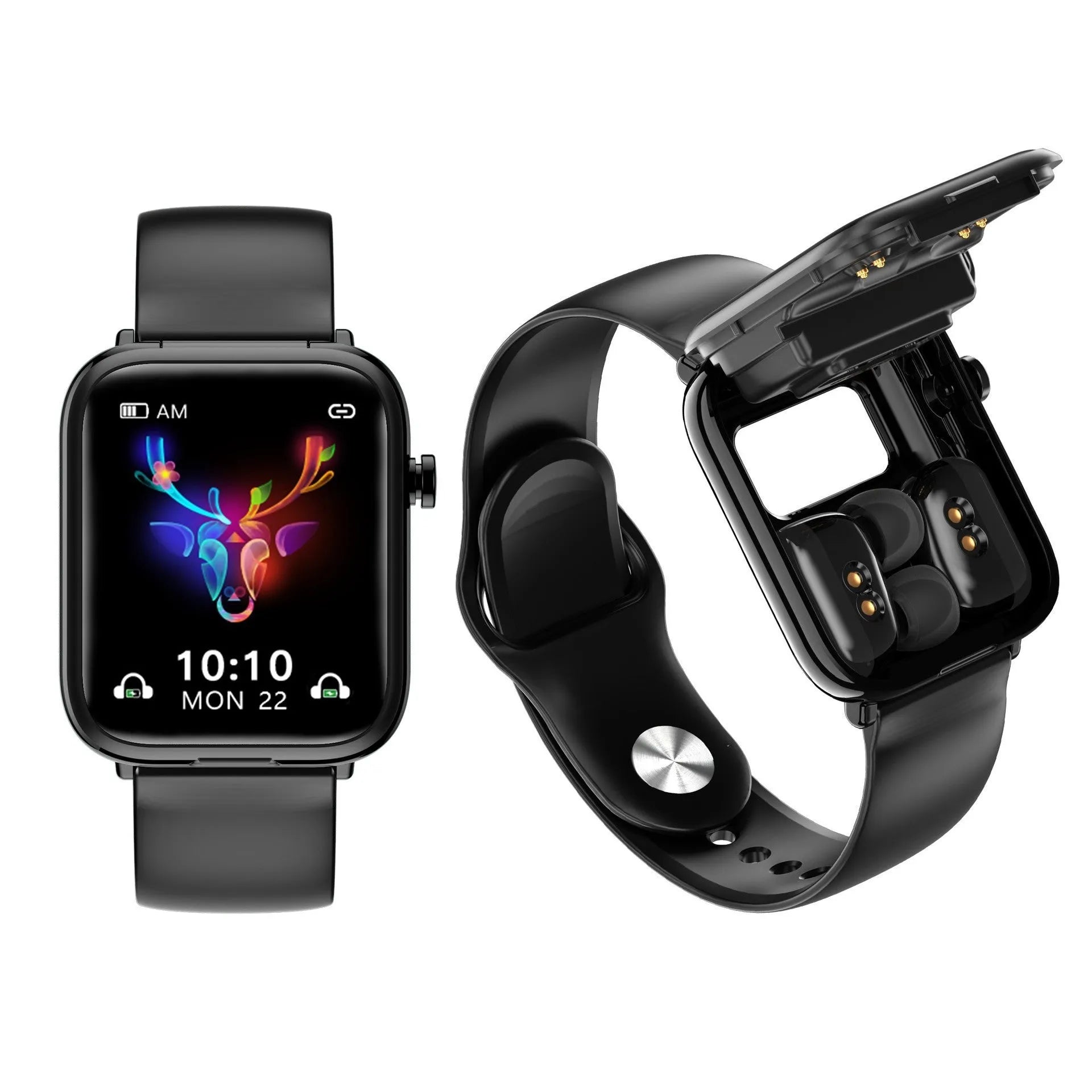 Black smartwatch with Bluetooth earbuds and charging case on a 1.69-inch touchscreen display.