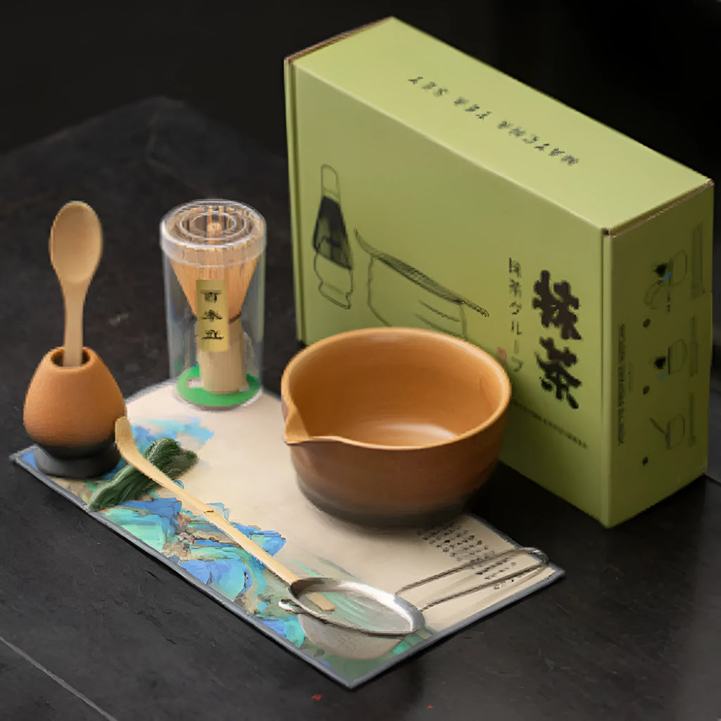 Guyun matcha eight-piece ceramic set with thread pointed bowl, tea stand, spoon, and accessories
