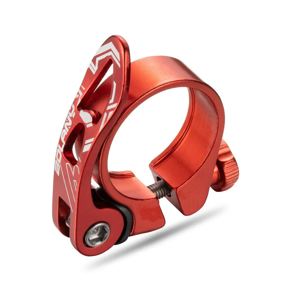 Aluminium alloy bicycle seat post clamp in black, blue, gold, or red, showing 31.8mm and 34.9mm size options.