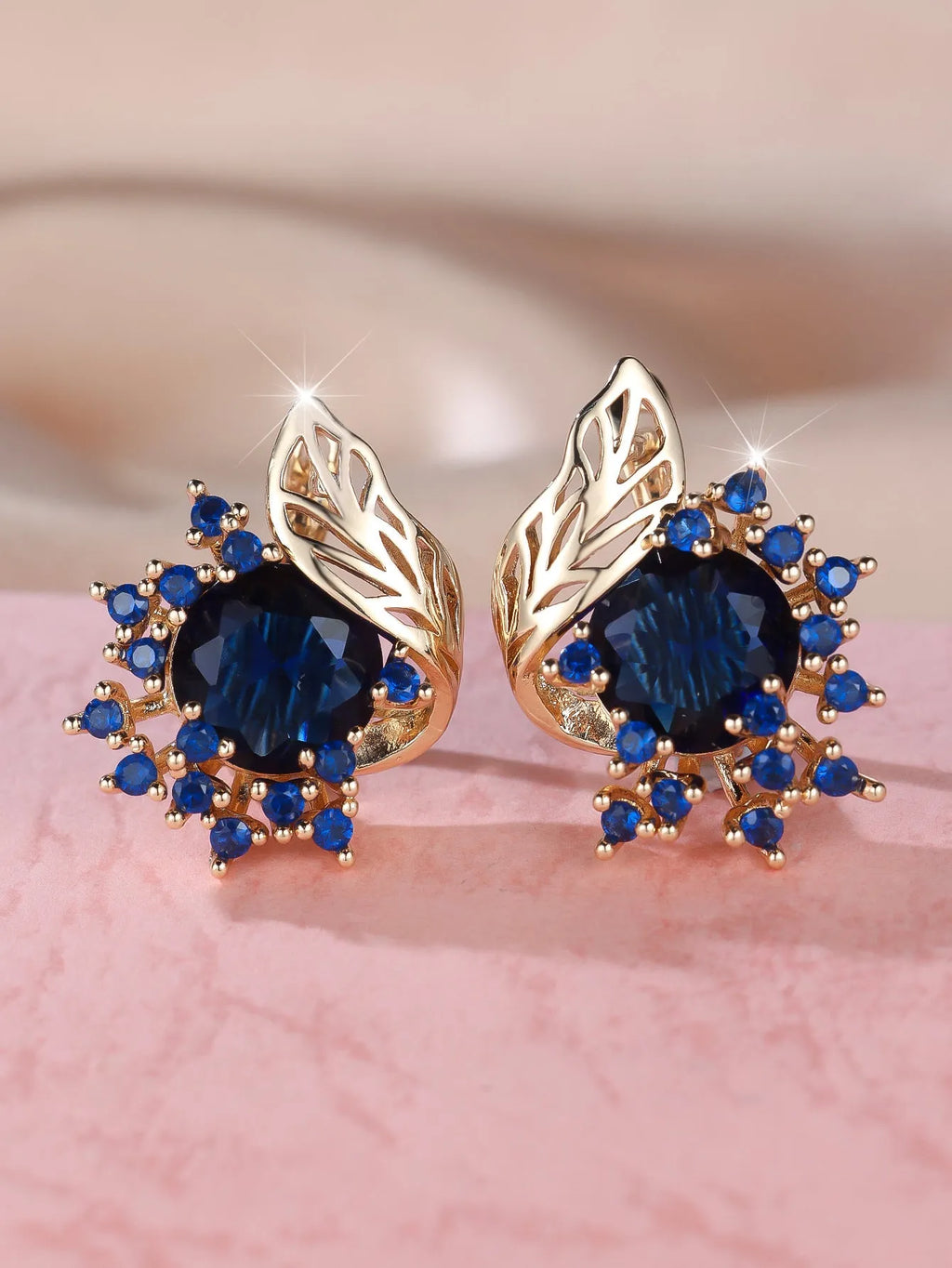 Round flowers feather zircon earrings for women with champagne gold electroplated copper and six colour options