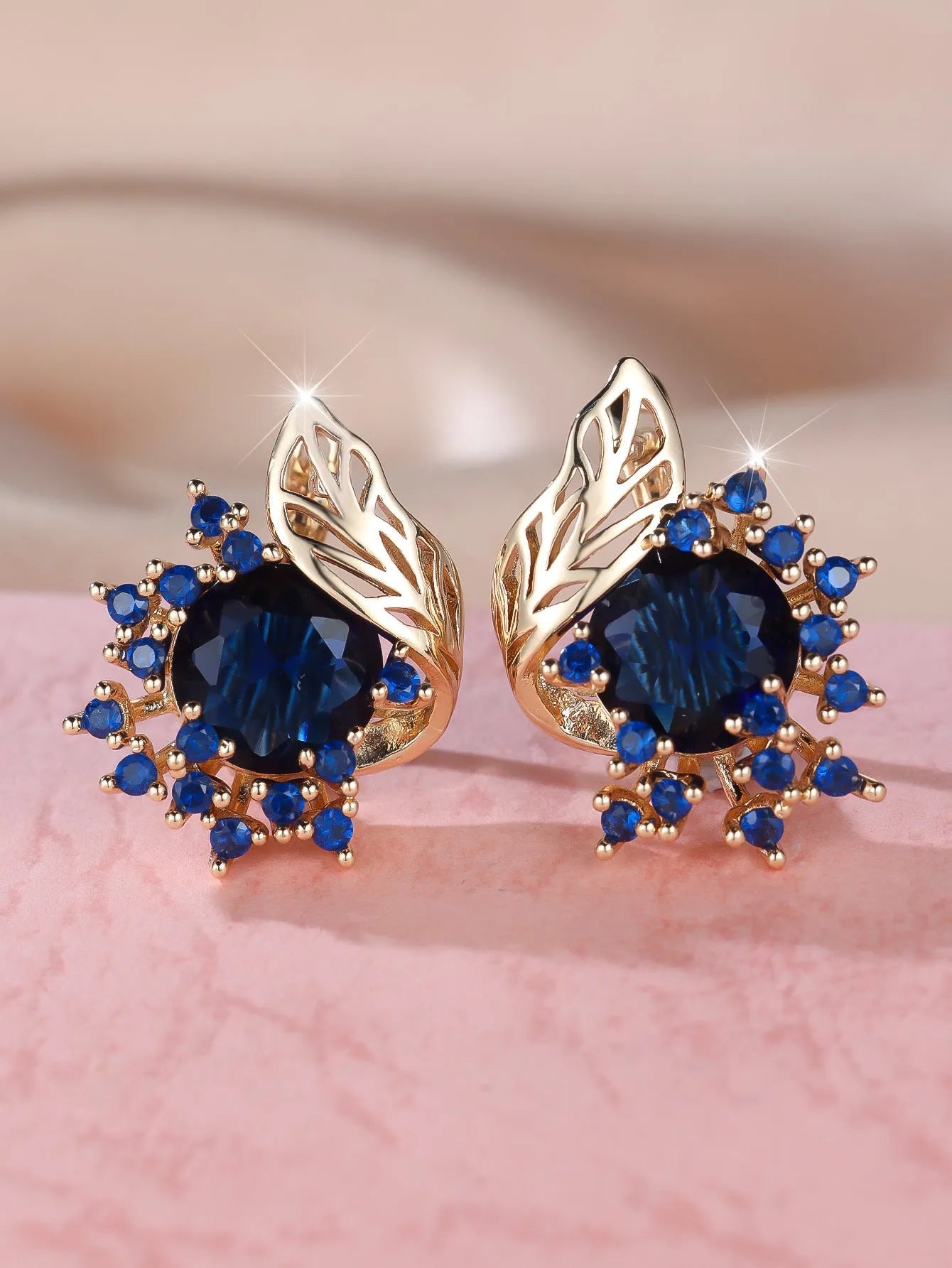 Round flowers feather zircon earrings for women with champagne gold electroplated copper and six colour options