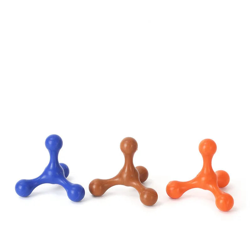 Blue three-legged silicone bone chew toy for small and medium dogs on a plain background.