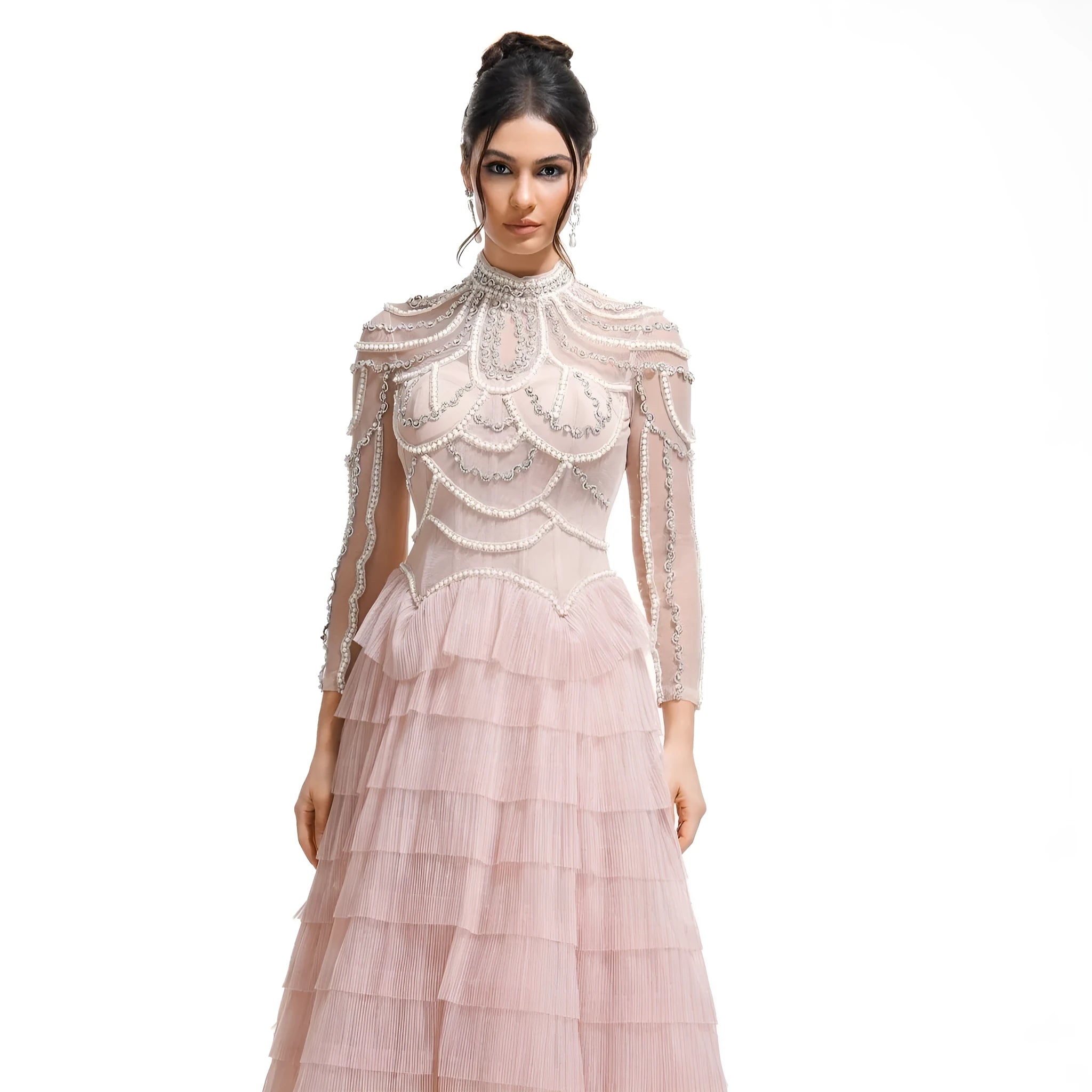 Women's long sleeve beaded dress in polyester fabric with mid waist design
