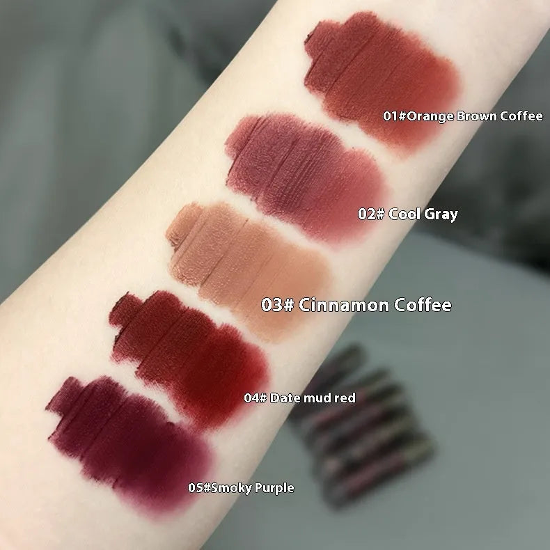 Lava Secret Matte Lip Mud Lipstick in five shades: orange brown coffee, cool grey, cinnamon coffee, jujube red, and smoked purple.