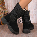 Women's black chunky heel snow boots with lace-up front and fleece lining on a white background.
