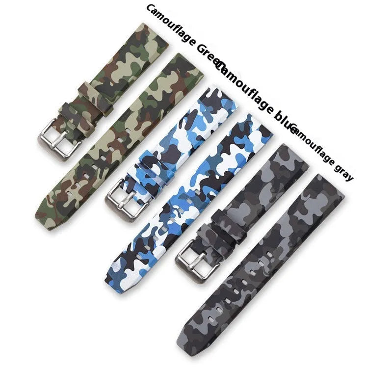 Green camouflage silicone watch strap with flat head, shown alongside blue and grey versions.