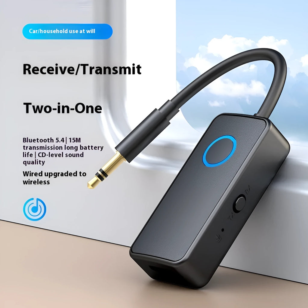 Black Bluetooth 5.4 audio adapter with 3.5mm plug for wireless conversion of wired audio devices