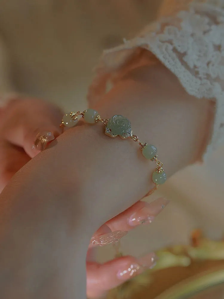 Women's Hetian jade rose bracelet with 14K gold gilded floral design and literature style
