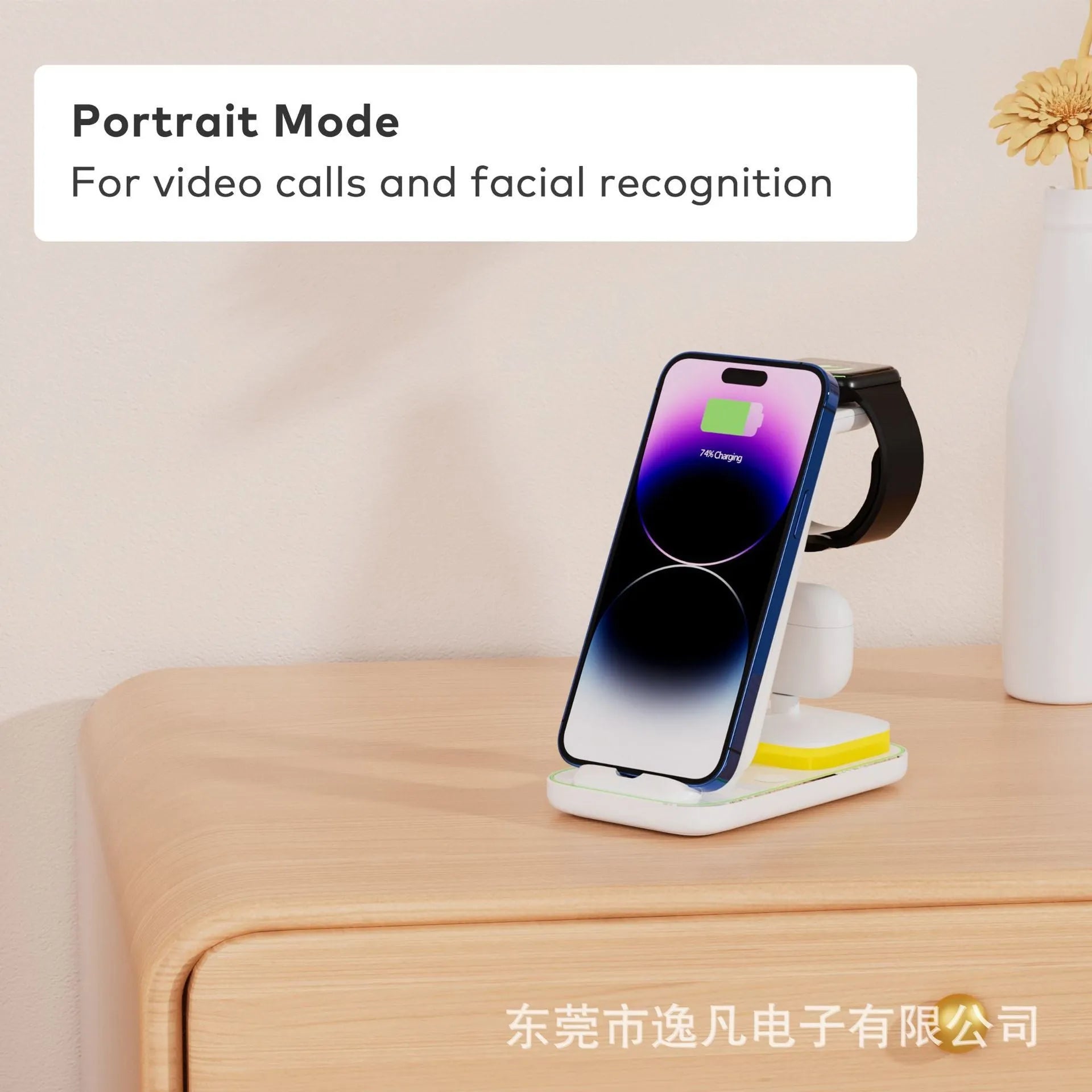 Vertical wireless charging stand for mobile phones, watches, and headsets in black or white