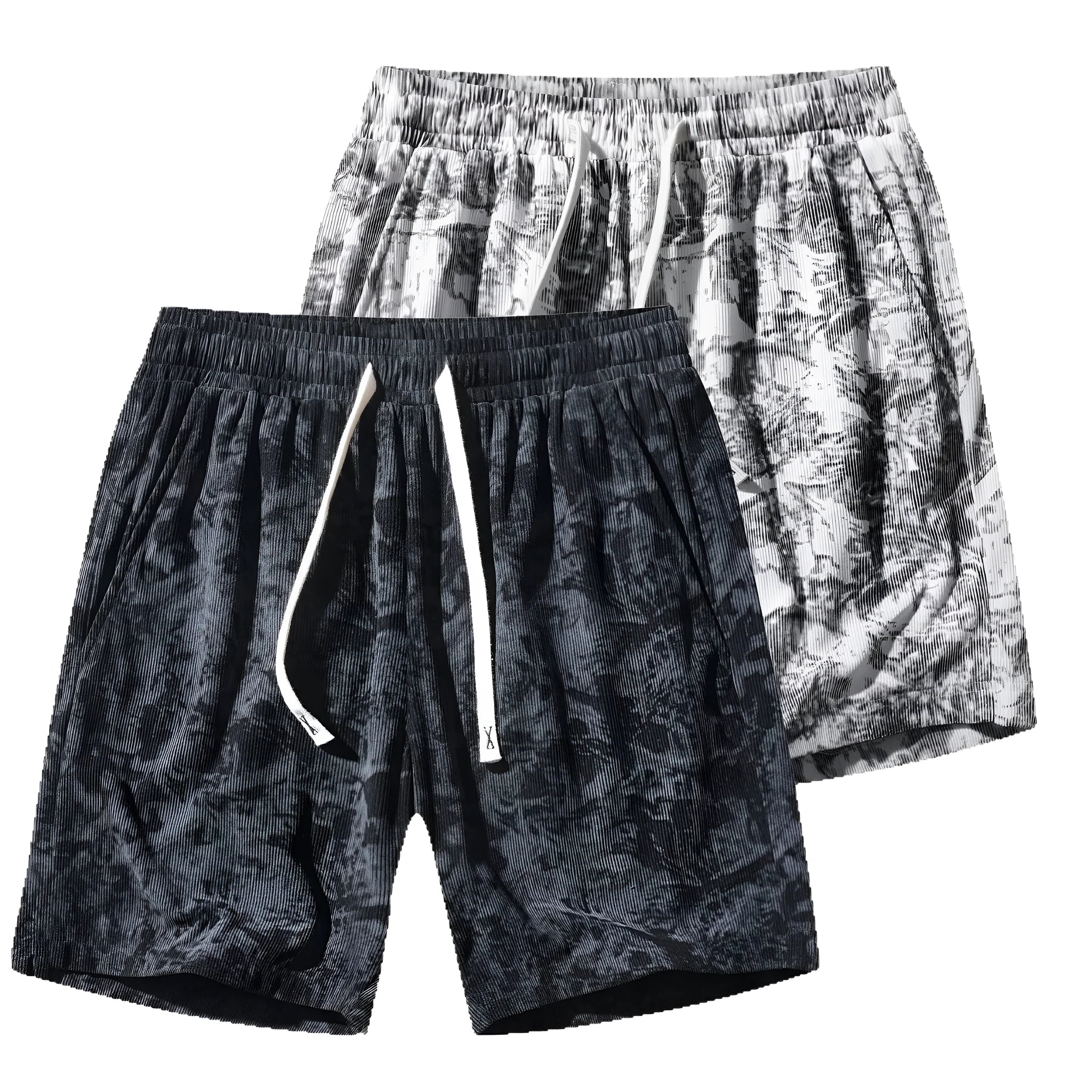 Men's camouflage corduroy athletic shorts with high waist and straight fit in white gray and black colors