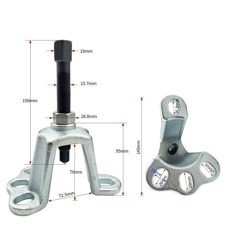 Chrome vanadium steel brake drum removal tool showing three hub puller styles for different vehicles