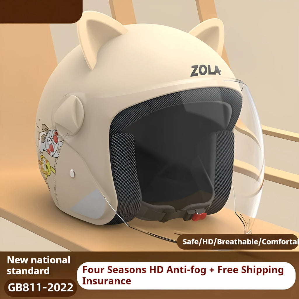 Winter electric bicycle helmet with anti-fog visor and attached scarf in blue colour