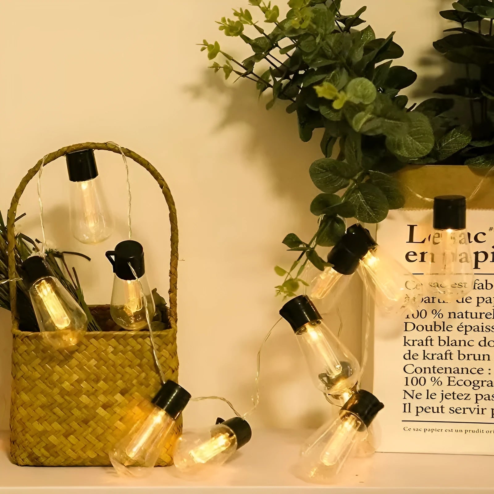 Outdoor solar string lights with retro long bulb infusion bottle shape design