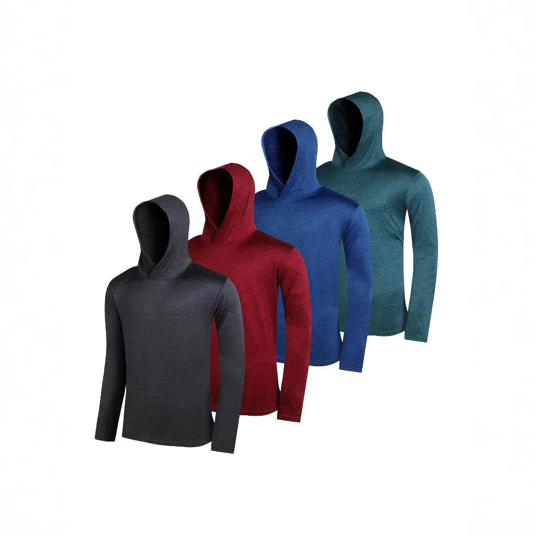 Men's lightweight polyester hoodie bundle in multiple colours, showing front view of hoodie with and without hood.