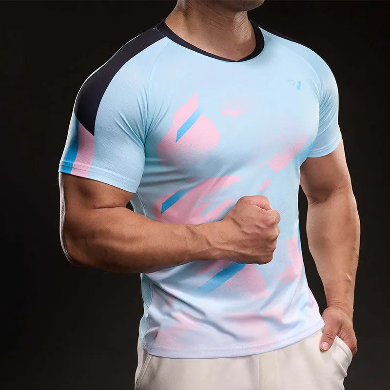 Men's blue quick-drying polyester fibre short sleeve running T-shirt on white background